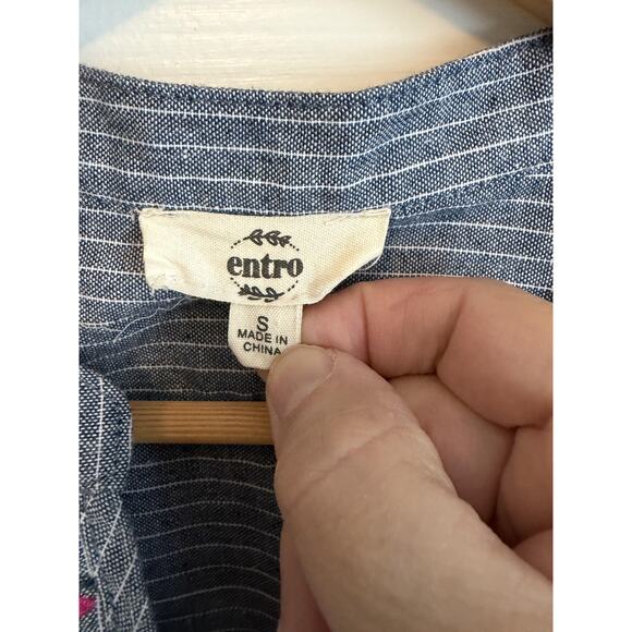 Entro Boho Dress Womens S Blue Stripe Embroidered Floral Ruffle Cotton Cottage - Picture 6 of 12